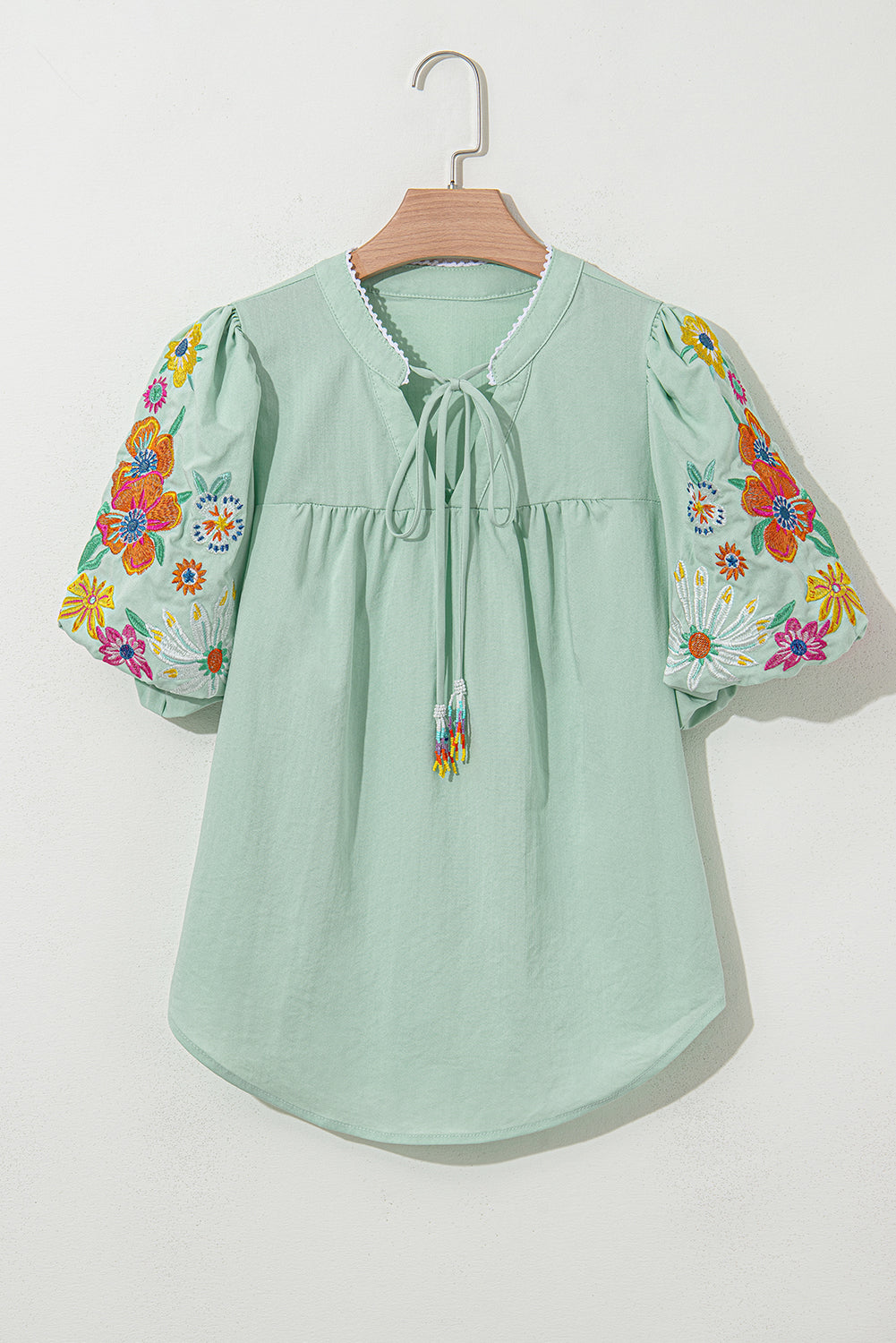 Reya Floral Embroidered Puff Sleeve Split Neck Blouse-3