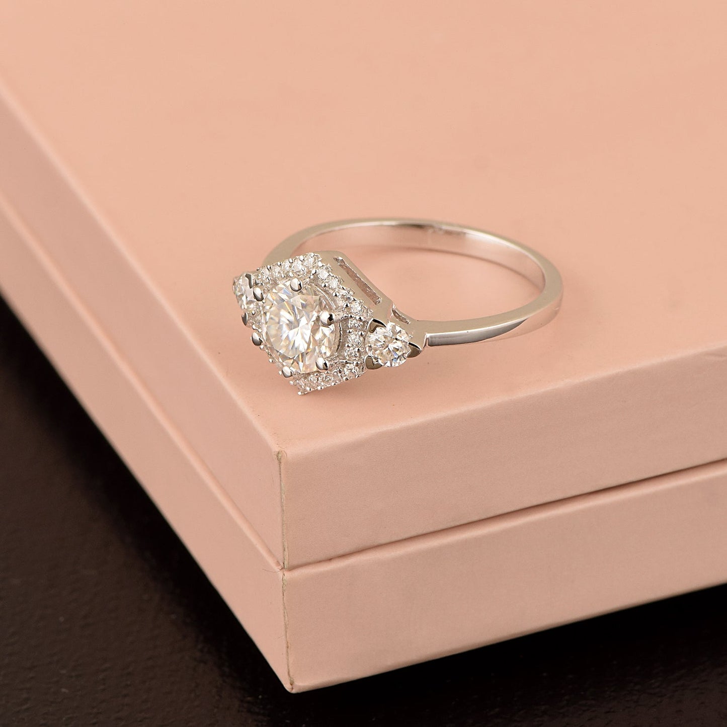 Moissanite Diamond Frame Trio Accent Ring – Sterling Silver