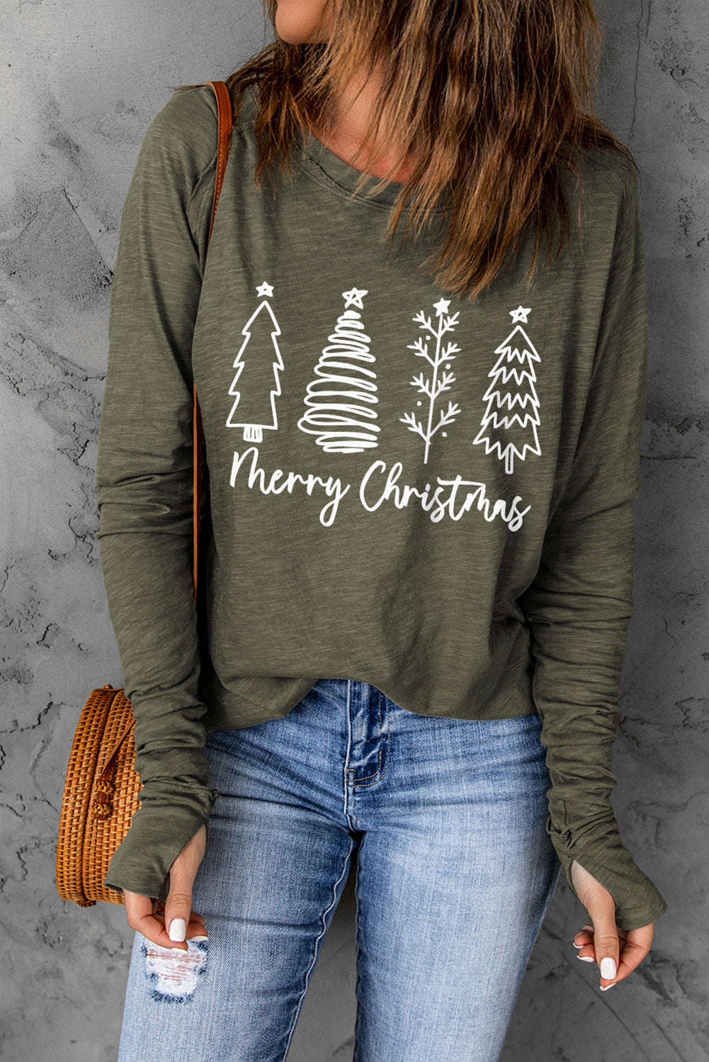 Thea Merry Christmas Trees Thumbhole Sleeve Graphic Tee-4