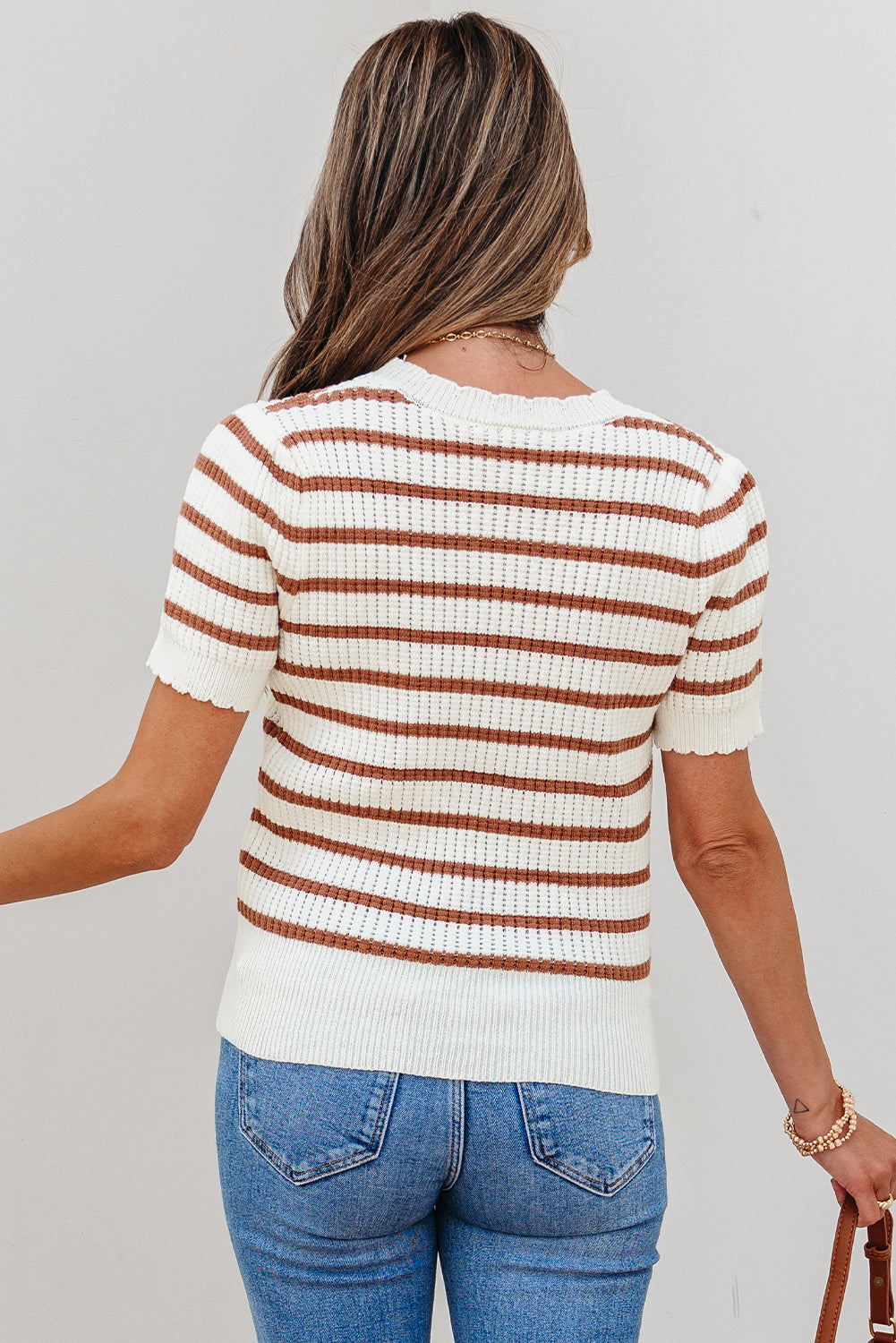 Eloise Stripe Scalloped Round Neck Short Sleeve Sweater-1