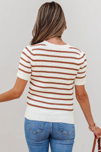 Eloise Stripe Scalloped Round Neck Short Sleeve Sweater-1