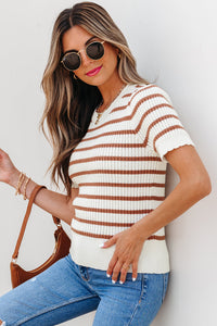 Eloise Stripe Scalloped Round Neck Short Sleeve Sweater-4