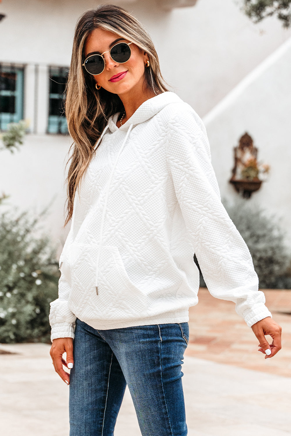 Magnolia Cable Lattice Texture Kangaroo Pocket Hoodie-2