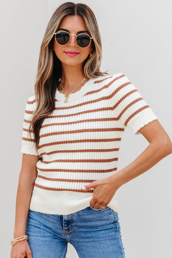 Eloise Stripe Scalloped Round Neck Short Sleeve Sweater-0