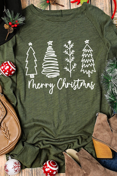 Thea Merry Christmas Trees Thumbhole Sleeve Graphic Tee-2
