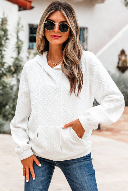 Magnolia Cable Lattice Texture Kangaroo Pocket Hoodie-3