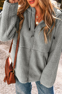 Fleece Zip Up Drawstring Hooded Pocketed Jacket-6