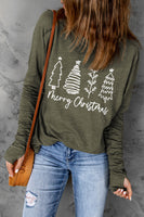 Thea Merry Christmas Trees Thumbhole Sleeve Graphic Tee-0