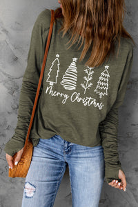 Thea Merry Christmas Trees Thumbhole Sleeve Graphic Tee-0