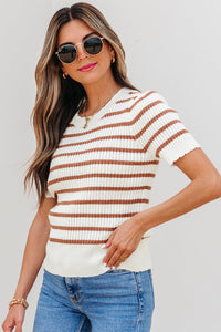 Eloise Stripe Scalloped Round Neck Short Sleeve Sweater-2