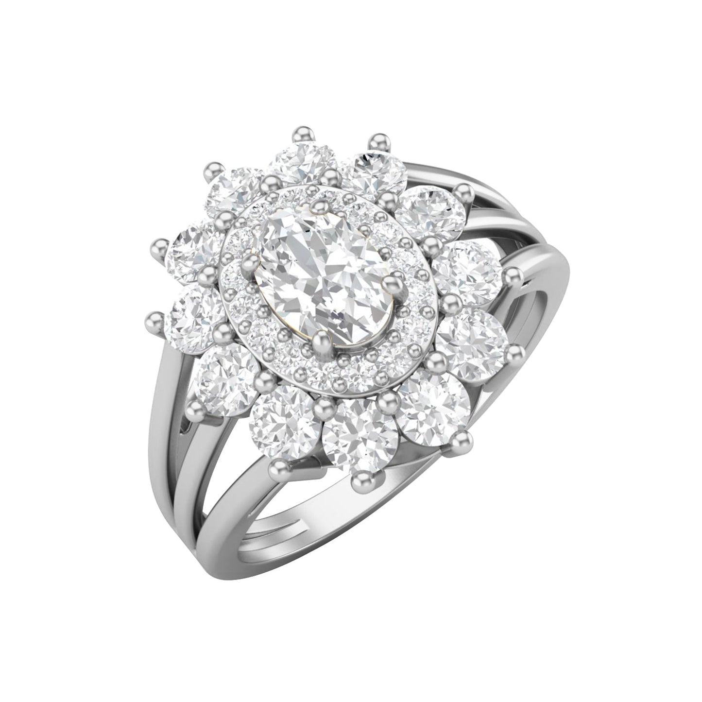 Moissanite Sunburst Halo Ring – Sterling Silver