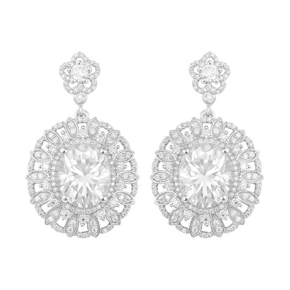 Moissanite Floral Halo Drop Earring - Sterling Silver