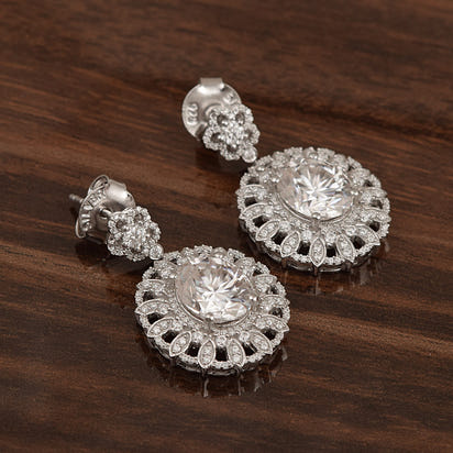Moissanite Floral Halo Drop Earring - Sterling Silver
