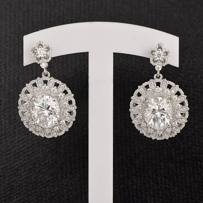 Moissanite Floral Halo Drop Earring - Sterling Silver