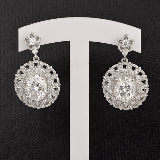 Moissanite Floral Halo Drop Earring - Sterling Silver