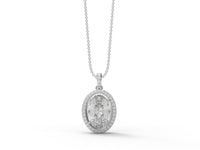 Moissanite Oval Halo Pendant Necklace - Sterling Silver
