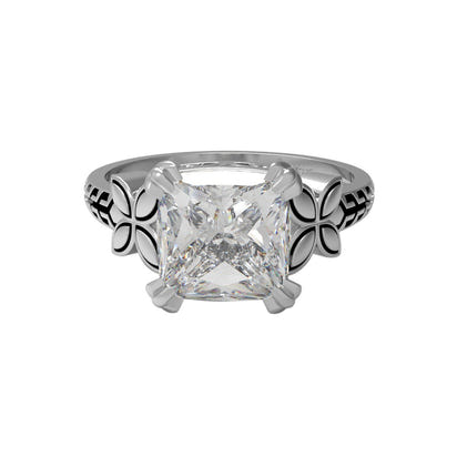 Moissanite Floral Engraved Solitaire Ring – Sterling Silver