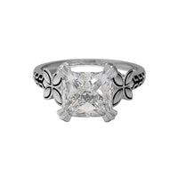 Moissanite Floral Engraved Solitaire Ring – Sterling Silver