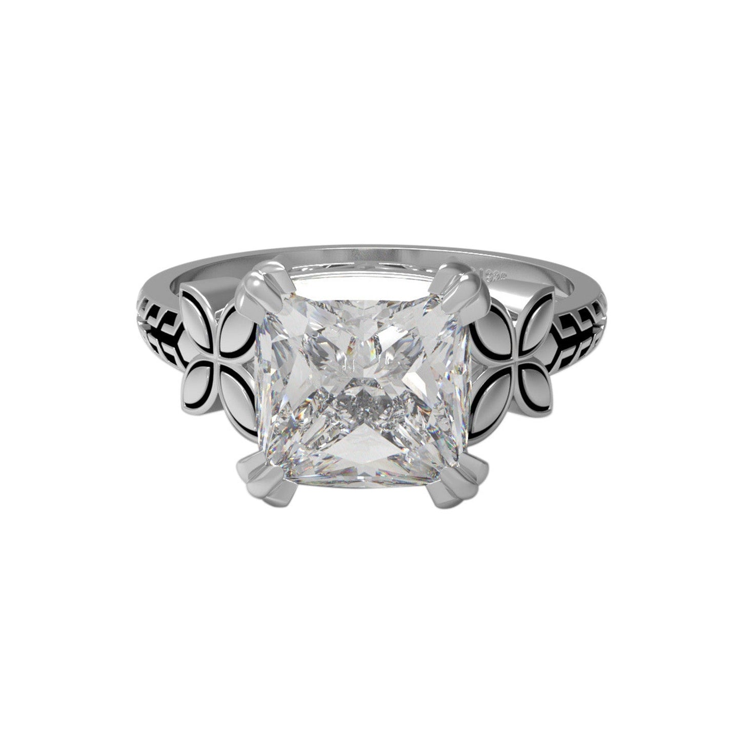 Moissanite Floral Engraved Solitaire Ring – Sterling Silver