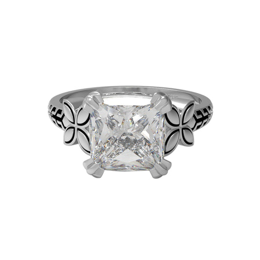 Moissanite Floral Engraved Solitaire Ring – Sterling Silver
