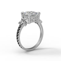 Moissanite Floral Engraved Solitaire Ring – Sterling Silver