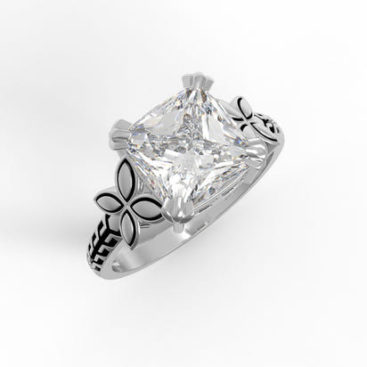 Moissanite Floral Engraved Solitaire Ring – Sterling Silver