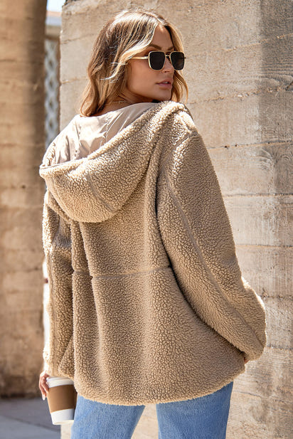 Fleece Zip Up Drawstring Hooded Pocketed Jacket-1