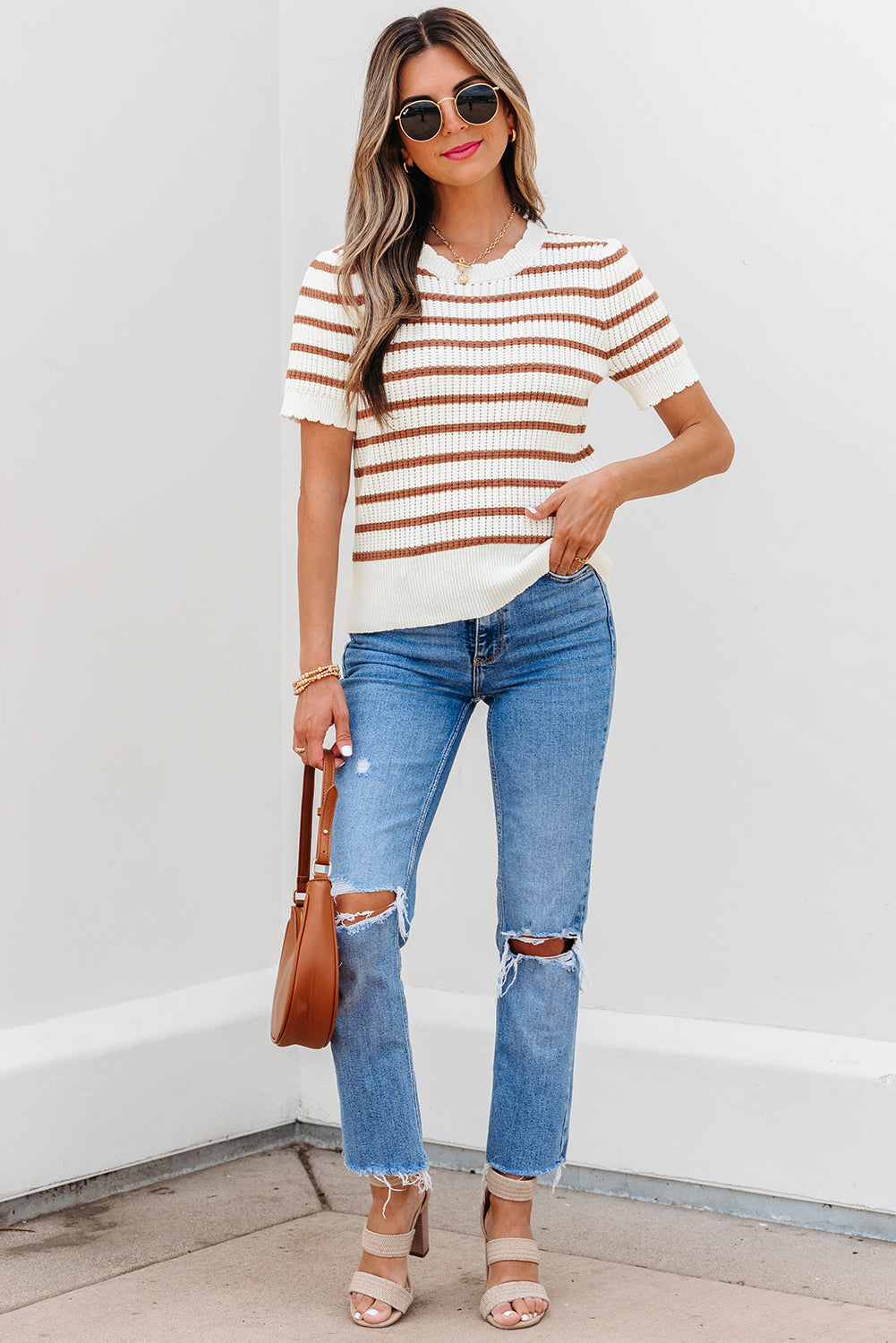Eloise Stripe Scalloped Round Neck Short Sleeve Sweater-3