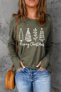 Thea Merry Christmas Trees Thumbhole Sleeve Graphic Tee-3