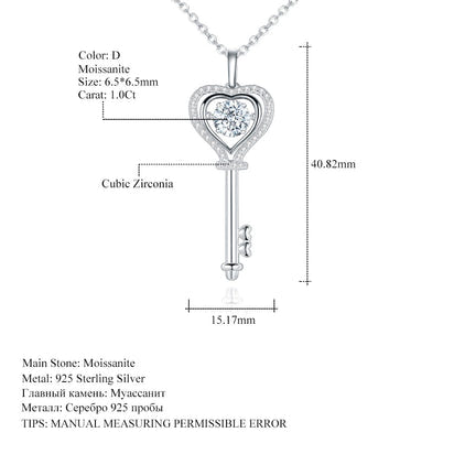 1.0Ct D Color Moissanite Diamond Key Pendant Necklace with Moissanite Stone 925 Sterling Silver Jewelry