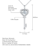 1.0Ct D Color Moissanite Diamond Key Pendant Necklace with Moissanite Stone 925 Sterling Silver Jewelry